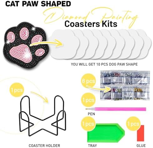 10 pcs Diamond Painting Coasters | Diamond Art Coasters | Cat Paw Diamond Art Painting | Perfect Art Craft Gift for Cat Lover, Dad, Mom, Grandparents, Brother, Sister. - Image 2