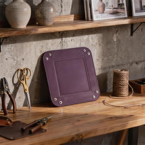 Valet Tray Desktop Storage Organizer – Vegan Leather Catchall Tray Bedside Vanity Tray Nightstand Caddy Holder for Remote Controller, Watch, Keys, Phone, Wallet, Coin, Jewelry, Purple - Image 7