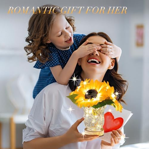 Flower Desk Lamp, Sunflower USB Rechargeable Touch Stepless Dimming Table Lamp, LED Artificial Plants Flower with Vase Night Light, Glass Vase Lamp for Room Home Festival Decor (Sunflower - 3 Head) - Image 3