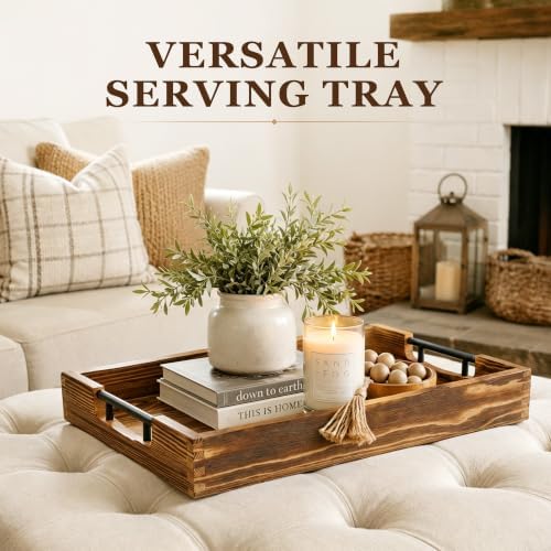 LotFancy Wood Serving Tray with Metal Handles, 17x13 Inch Tray for Ottoman - Image 4