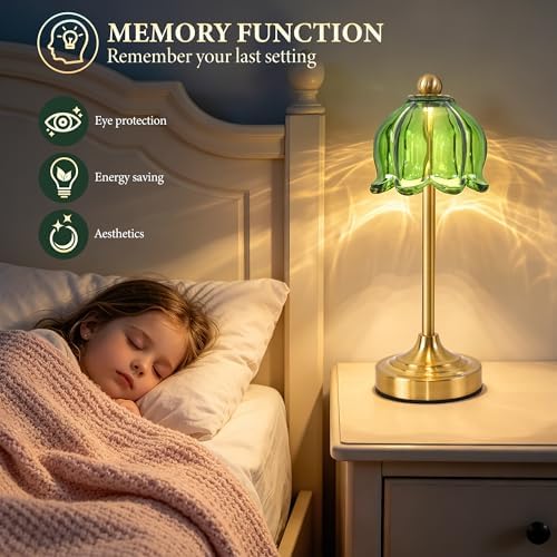 Set of 2 Cordless Green Glass Tulip Table Lamp - Image 3