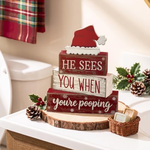 Moucuny 4 Pcs Christmas Bathroom Decorations, Funny Christmas Wooden Signs - Image 2