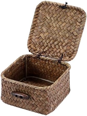 Hipiwe Mini Seagrass Basket Box Wicker Shelf Baskets with Lid, 3.5"x3.5"x2" by Hipiwe