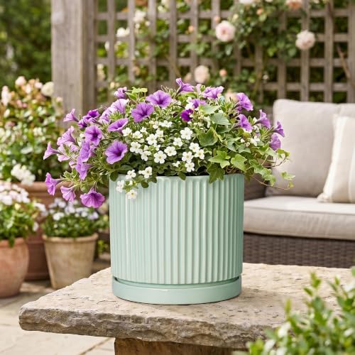 Ceramic Planter, 10 Inch Flower Pot with Saucer, Mint Green - Image 5