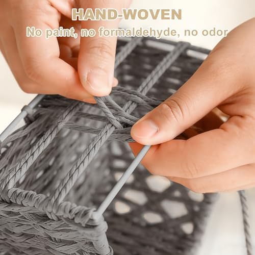 Large Wicker Storage Basket with Liner, Hand-Woven Paper Rope Rattan Organizer Bin for Pantry, Countertop, Bathroom, Bedroom, Shelves (Grey, L) - Image 5