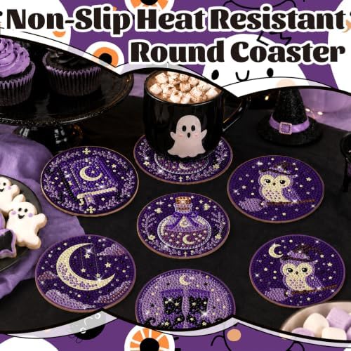 8 Pcs Halloween Diamond Art Coasters Purple Moon DIY Craft Kit with Holder - Image 6