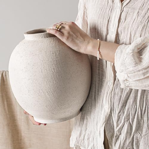 White Ceramic Vase - Large 10.8 Inch Round Floor Vase for Centerpieces, Farmhouse Flower Vases, Rustic Minimalist Home Decor (Sandstone White) by LETAUCIGARDEN