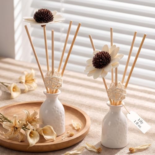 2PCS Lily Reed Diffuser Set,1 fl oz Ceramic Bottle with 5 Sticks & Sunflower Rattan Ball Decor, Plant-Based Non-Toxic Essential Oil, Long-Lasting Home Fragrance for Bedroom Bathroom by WOHSEROM