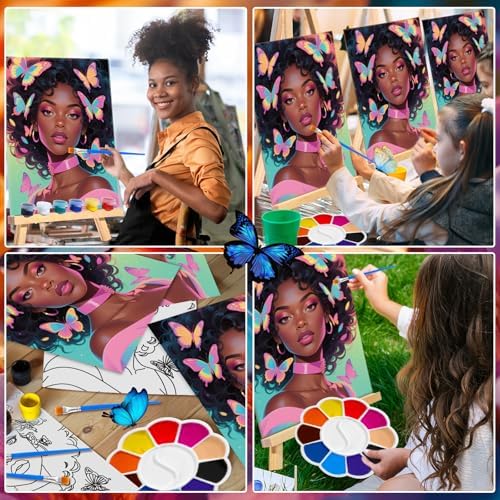 Motipuns 6 Set Pre Drawn Canvas for Painting for Adults Sip and Paint Kit with Easels 8 x 10 Inches Paint Party Kit with Printed Canvas Paints Brushes Palette Apron(Butterfly Girl) - Image 5