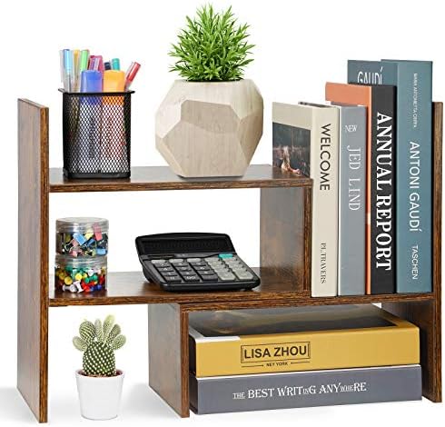 Sorfity Expandable Wood Desktop Bookshelf Desktop Organizer Office Storage Rack Wood Display Shelf, Counter Storage Rack Top Bookcase - Freestyle Display Natural Stand Office Supplies Desk Organizer by Sorfity