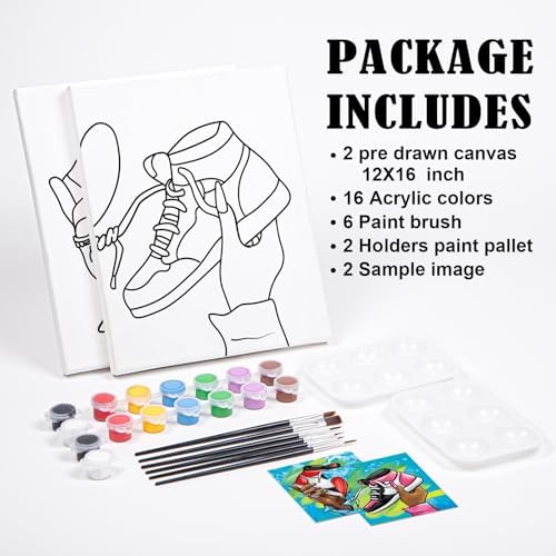 VOCHIC 2 Pack Couples Paint Party Kits Pre Drawn Canvas for Adults Paint and Sip Kit Date Night Games for Couples Painting Valentine's Day (12x16 Inches, Sneakers) - Image 6