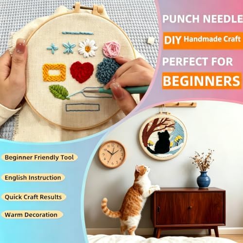 DIY Punch Needle Kits Cartoon Grey Wolf Head with Hoop 20x20cm-4 - Image 3