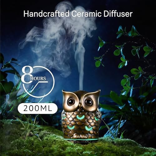 ALIEYE Ceramic Owl Essential Oil Diffuser, 200ml Handmade Aromatherapy Humidifier, 7-Color LED, Auto Shut-Off, Cool Mist for Home Office Yoga, Gifts for Mom Women (Antique Bronze) - Image 3