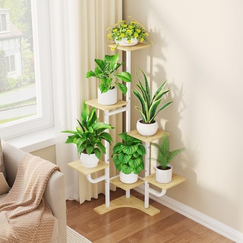 Homsorout Corner Plant Stand with Grow Light - 6 Tier Plant Stand Indoor Square Metal Plant Shelf with Adjustable Light, Plant Organizer for Living Room, Garden, Home Decor, Maple - Image 2