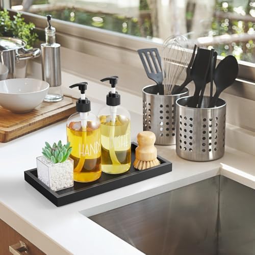 ALELION 11.7" Bathroom Vanity Tray for Counter - Black Wood Decorative Tray for Toilet Tank Makeup Perfume Jewelry Catchall Coffee Table - Wooden Kitchen Countertop Organizer for Soap Dispenser - Image 2