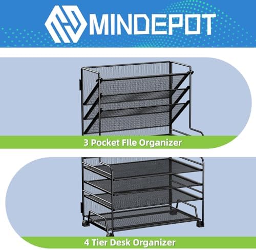 MINDEPOT 4-Tier Paper Organizer + 3-Pocket File Holder + Drawer + Pen Holders, Desktop File Organizers Paper Tray for Office Supplies School Classroom Organization (Black, No Drawer & Pen Holder) - Image 3