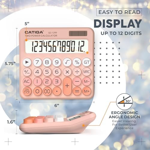 CATIGA Mechanical Switch Calculator with Solar and Battery Dual Power, 12-Digit Large LCD Display, Aesthetic and Cute Desktop Calculator with Big Button, for Home, School and Office Use, SD-1299 - Image 3