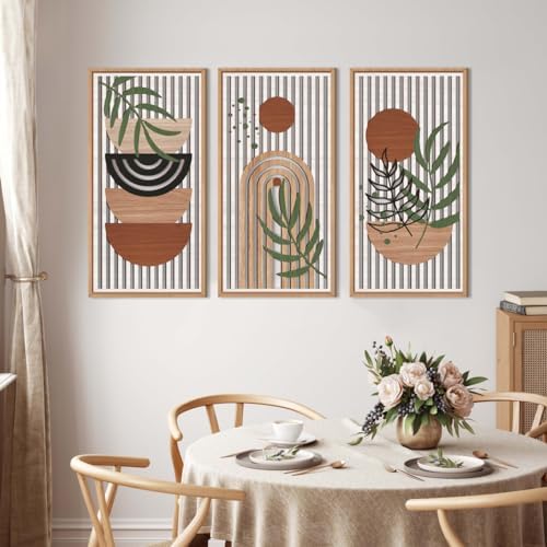 IARTTOP Large Boho Wood Wall Art Framed 16x32 Inch Mid Century Modern Wooden Wall Decor Abstract Bohemian Minimalist Art Decor for Bedroom Living Room Office Set of 3 - Image 3