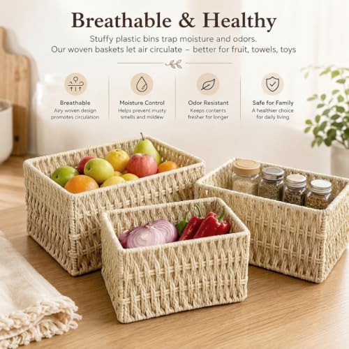 Small Wicker Basket for Counter, Woven Storage basket Set of 3 - Image 2