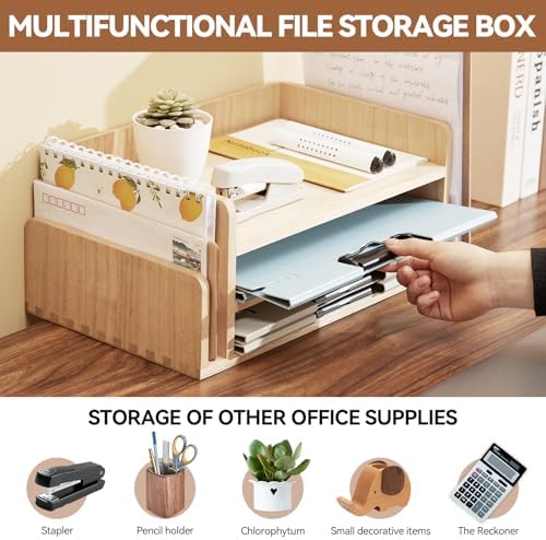 KIRIGEN Wood Desk Organizer, 5-Tray Letter Tray and Mail Sorter Natural 2TP - Image 2