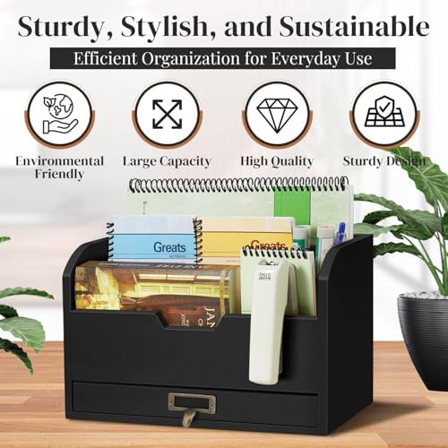 Flexzion Wood Desk Organizer, 3-Tier Mail Organizer w/Drawer, Light Brown - Image 3