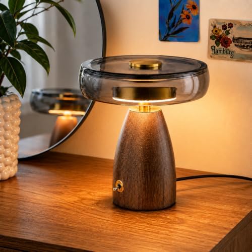 SEHNLICH Aesthetic 9” Table Lamp for Living Room, Bedroom, Bedside, Nightstand Lamp with Wood Base, Stained Glass Shade, 3 Color Temperature, Vintage Retro Mushroom Mid Century Modern Lamp, Desk Decor by SEHNLICH