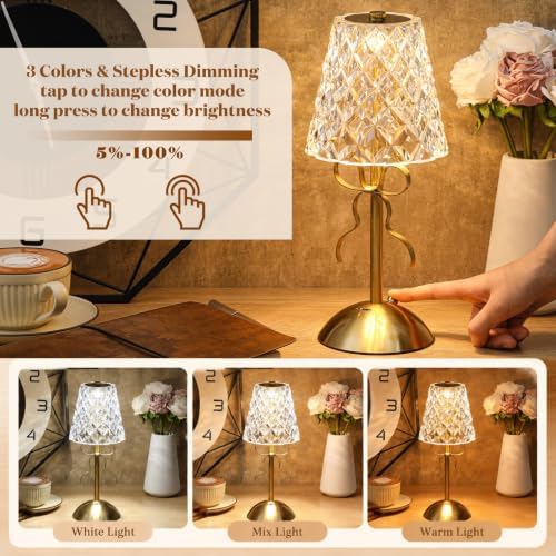 Liliful 2 Pcs Cordless Table Lamp LED Touch, Gold, Diamond Style Bow - Image 4