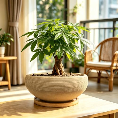 MUZHI 8 inch Round Unglazed Ceramic Bonsai Pot with Bamboo Tray, Shallow Plain Pottery Succulent Planter with Drainage Hole (8”) - Image 4