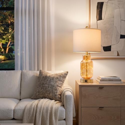 Oneach 22" Glass Table Lamps Set of 2 with Night Light for Bedroom, Amber - Image 3