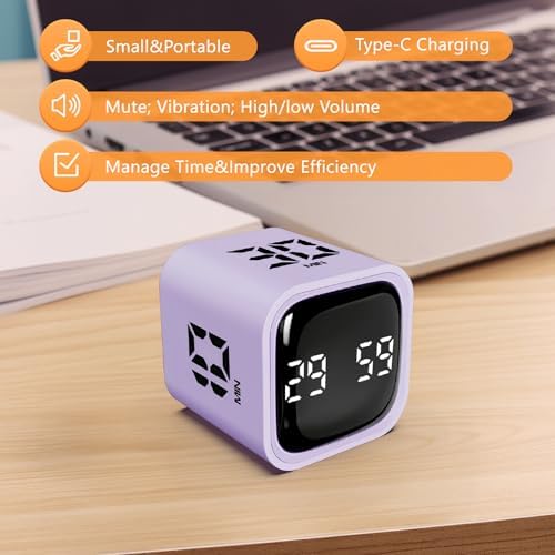 GuDoQi Multi-Function Cube Timer, 5/10/30/60 Min & Custom Count Down, Included Pause & Resume Feature, Silent, Vibrate & Adjustable Sound Alarm for Productivity in Tasks, Study & Kitchen, Purple - Image 5