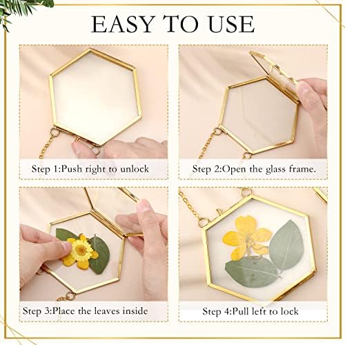 Bucherry 5 Pcs Glass Frame for DIY Pressed Flowers Art Brass Hanging Photo Picture Frame with Chain and 6 Styles Pressed Flowers Collage Glass Craft Frames for Wall Decor Display Gallery (Gold) - Image 3