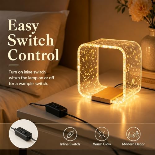 LED Small Table Lamp, Modern Minimalist Square Hollow Acrylic Nightstand Lamp, Warm Plug-in Desk Lamp for Bedroom Living Room Home Decor - Image 2