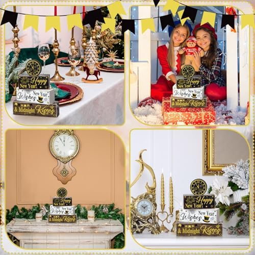 Moucuny 4 Pcs New Year Table Decorations, Happy New Year Wood Block Sign - Image 5