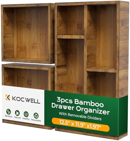 KOCWELL Bamboo Desk Drawer Organizer with Removable Dividers,Multi-Use Office Drawer Organizer Tray,Junk Drawer Organizers for Office,School,Kitchen,Makeup Supply（Carbon Brown） by KOCWELL