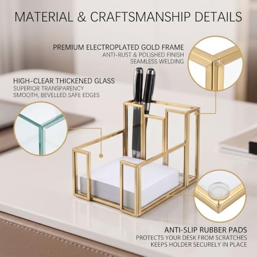Gold Glass Sticky Note Holder with Pen Slot for 3x3 Inch Pads - Image 3