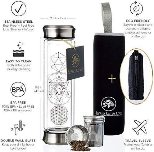 Sacred Lotus Love Double-Walled Glass Tea Infuser Bottle 14oz Portable Travel Mug with Strainer and Sleeve for Loose Leaf Tea, Coffee, Smoothies - Insulated Tumbler with Lid for Hot and Iced Beverages - Image 3