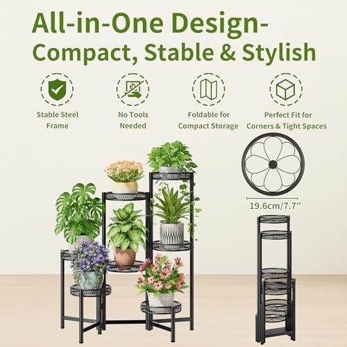 Plant Stand Indoor Outdoor, 7 Tier Large Plant Stand with 7.9-Inch Wide Drainage Tray, Tiered Corner Metal Iron Flower Display Holder Shelf, Folding Tall Rack for Patio Balcony Porch - BlackFlower - Image 5