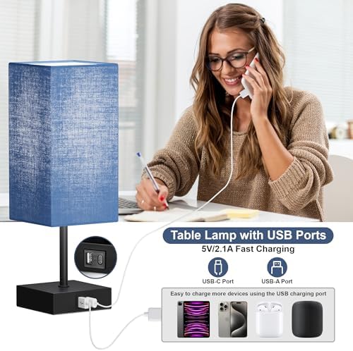 Touch Bedside Table Lamp for Bedroom, 14-Inch, Navy Blue Set of 2 - Image 3