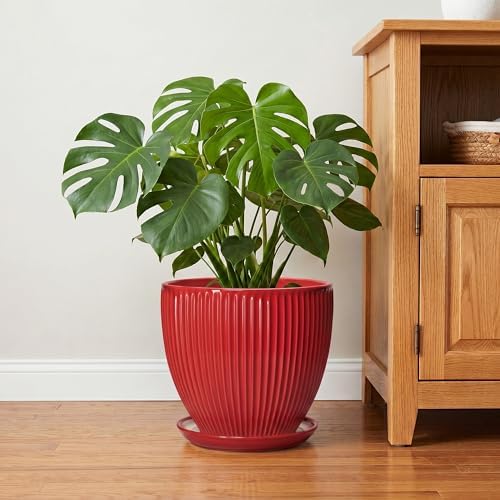 10 Inch Plant Pot, Ceramic Planters for Indoor Plants, Decorative Plant Pots with Drainage Hole and Saucer, Modern Round Large Planter, Office Apartment Decor, House Warming Gifts, Red - Image 6