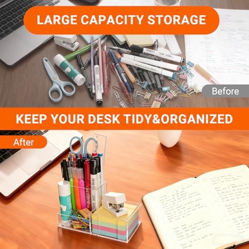 Pen Holder for Desk Clear Pencil Holder with Sticky Notes Holder Acrylic 3 Compartments Desk Organizer Office Desk Accessories for Office, School, Home, Makeup Brush Holder for Bedroom Bathroom - Image 3