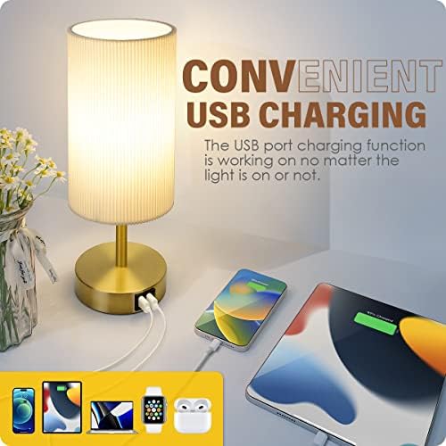 Bedside Lamp with USB port - Touch Control Table Lamp for Bedroom Wood 3 Way Dimmable Nightstand Lamp with Round Pleated Shade for Living Room, Dorm, Home Office (LED Bulb Included) (Pleated) - Image 3