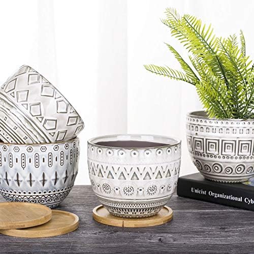VanEnjoy 5.6 inch Large Round Bohemian Style Ceramic Planter, Geometry Engrave Off White Brown Succulent Planter Flower Pot, Indoor Outdoor Decorative Planter - Image 5