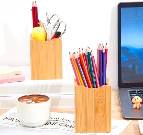 Henoyso 2 Pcs Bamboo Wood Pen Holder Wavy, Square Desktop Organizer - Image 6