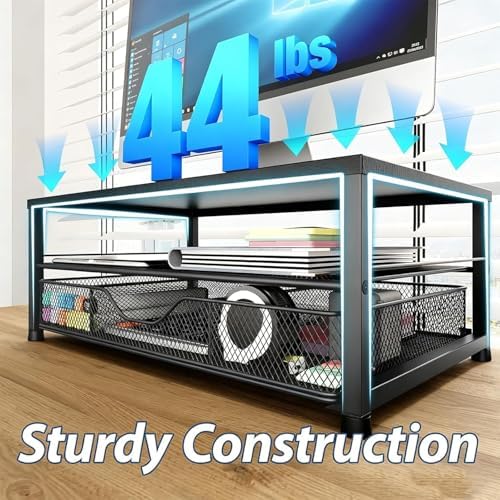 OPNICE Desk Organizer and Accessories, 2-Tier Computer Monitor Stand Riser with Drawer and 2 Pen Holders, Laptop Stand, Office Desk Accessories for Office Supplies, Matte Black - Image 6