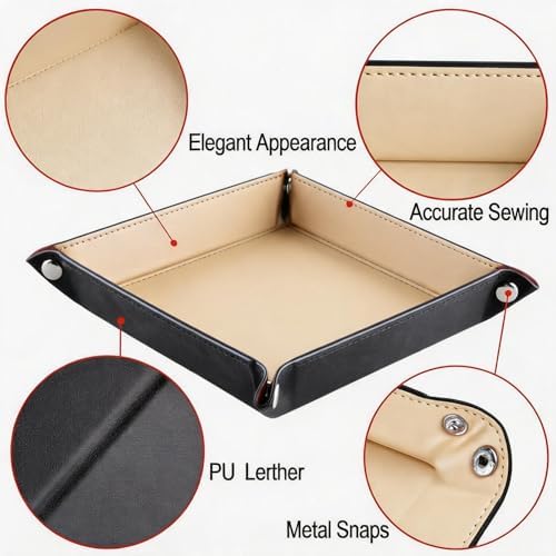 Valet Tray Desktop Storage Organizer – Vegan Leather Catchall Bedside Vanity Tray Nightstand Caddy Holder for Remote Controller, Watch, Keys, Phone, Wallet, Coin, Jewelry, Beige - Image 5