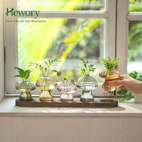 Hewory Plant Propagation Stations: 5PCS Amber Mushroom Vase with Wood Tray - Image 2