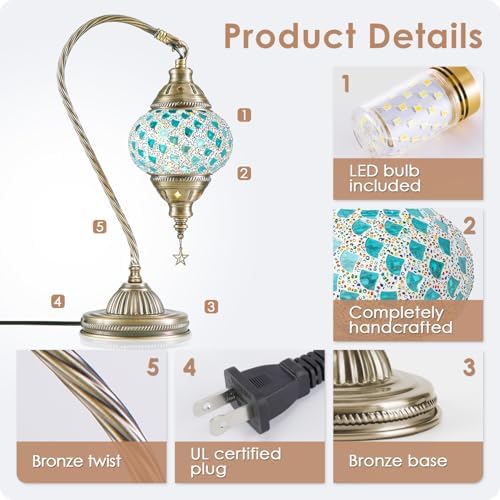 Yarra-Decor Turkish Moroccan Lamp with Bronze Base 3 Color Options Handmade Swan Neck Mosaic Glass Bedside Lamps for Bedroom (LED Bulb Included)(Colorful4) - Image 3