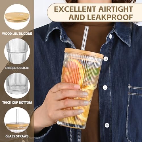 20oz Ribbed Glass Tumblers with Lids and Straws, 2 PCS Iced Coffee Cups,Glass Coffee Cups with Bamboo Lid,Vintage Glassware for Whiskey Cocktail Beer - Image 4