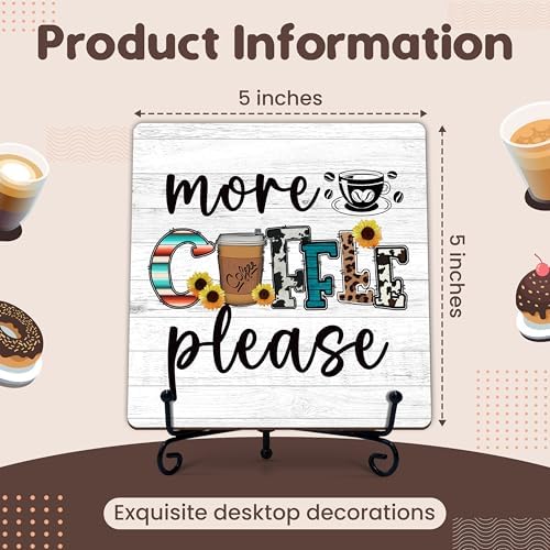 Coffee Bar Sign, More Coffee Please Sign, Coffee and Tea Lover Gifts, 5x5 Wood Plaque with Iron Stand for Home Kitchen Cafe, Coffee Bar Decor – A07 - Image 2