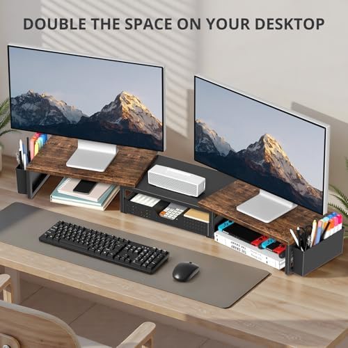 OPNICE Desk Organizers and Accessories, Dual Monitor Stand Riser with Drawer and 2 Pen Holders, Desk Shelf Printer Stand for Office Workspace Organizers, Desktop Organization (Rustic Brown) - Image 3